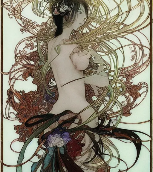 Prompt: yoshitaka amano anime painting, intricate line drawings, pen and ink, alphonse mucha, claire wendling, kentaro miura, ruan jia