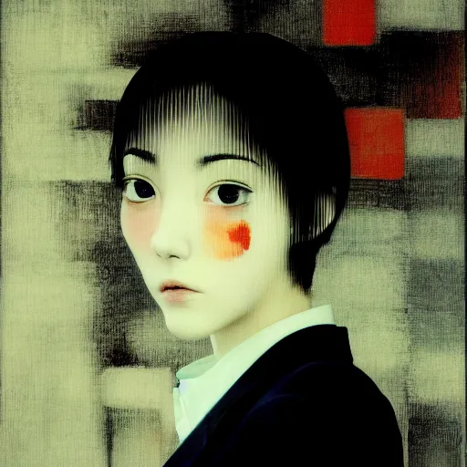 Image similar to yoshitaka amano blurred and dreamy realistic three quarter angle portrait of a young woman with short hair and black eyes wearing office suit with tie, junji ito abstract patterns in the background, satoshi kon anime, noisy film grain effect, highly detailed, renaissance oil painting, weird portrait angle, blurred lost edges