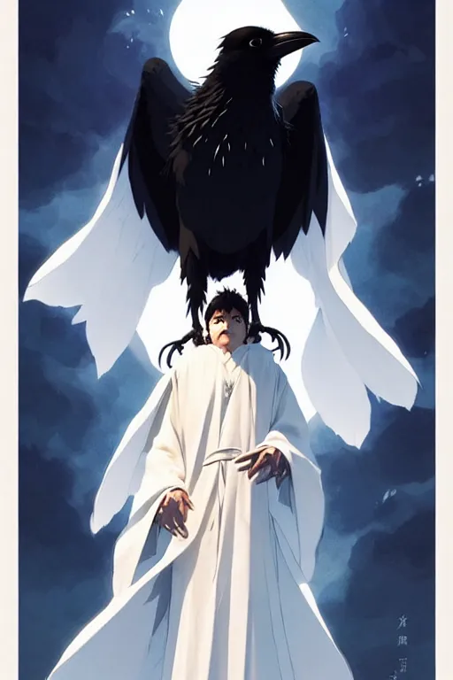 Prompt: raven headed warlock doing magic spells wind, white robes, finely detailed perfect face, exquisite details, mid view, design on a white background, by studio muti, greg rutkowski makoto shinkai takashi takeuchi studio ghibli