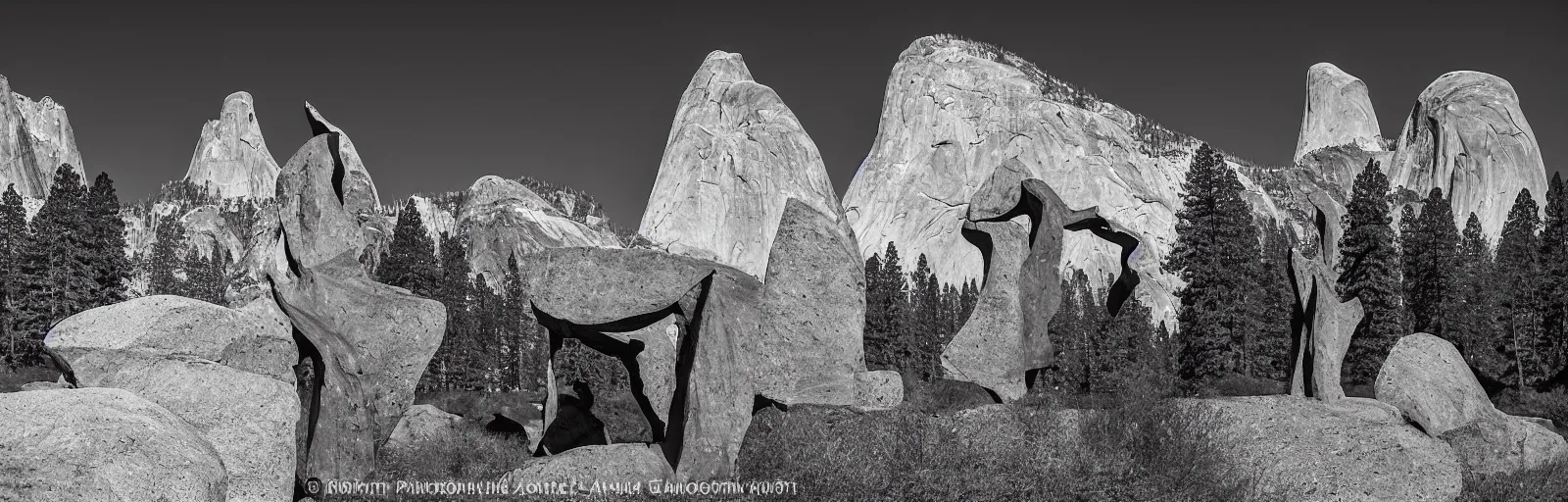 Image similar to to fathom hell or soar angelic, just take a pinch of psychedelic, medium format photograph of two colossal minimalistic necktie sculpture installations by antony gormley and anthony caro in yosemite national park, made from iron, marble, and limestone, granite peaks visible in the background, taken in the night