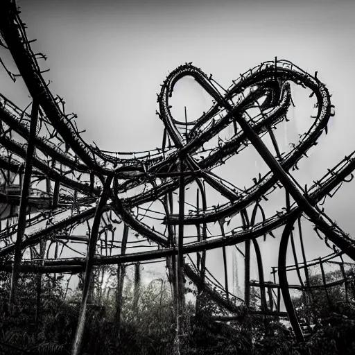 Image similar to abandoned theme park with large rollercoaster that has vines hanging from it, sharp focus, fog, hazy, creepy ambiance, desaturated, highly detailed, artgerm, rutkowski