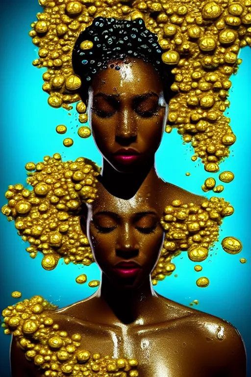 Prompt: hyperrealistic post - dada cinematic very expressive! profile black oshun goddess, in water!! up to shoulders, mirror dripping droplet!, gold flowers, highly detailed face, digital art masterpiece, smooth eric zener cam de leon, dynamic pearlescent turquoise light, low angle uhd 8 k, sharp focus