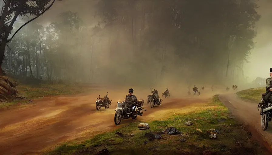 Image similar to a british officer driving a motorcycle at high speed in 1921 in kerala forest road, local people chasing to attack, furious action scene, chase, an epic fantasy, dramatic lighting, cinematic, establishing shot, extremely high detail, photorealistic, cinematic lighting, artstation, by simon stalenhag, horizon forbidden west