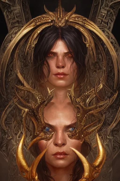 Image similar to ultra realistic illustration, asmodeus from diablo and baldurs gate, intricate, elegant, highly detailed, digital painting, artstation, concept art, smooth, sharp focus, illustration, art by artgerm and greg rutkowski and alphonse mucha