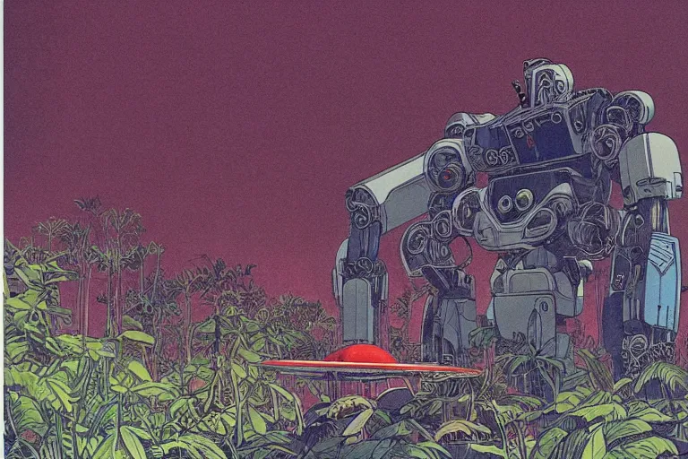 Prompt: gigantic man head, a lot of exotic vegetation around, trees, tremendous mecha robot, flowers, risograph!, oldschool vintage sci - fi flat surreal design, super - detailed, painting by moebius and jodorowski