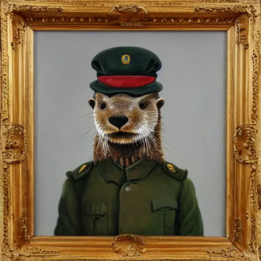 Prompt: oil painting of an anthropomorphic otter in military uniform, amazing detail,