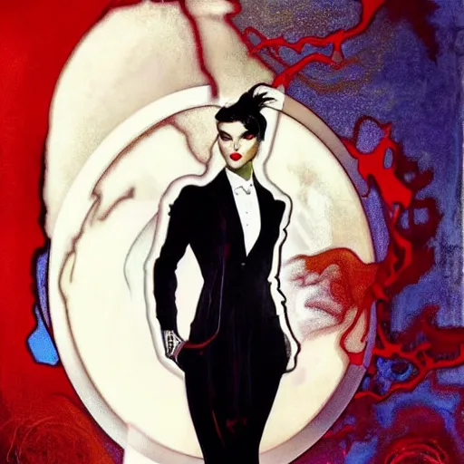 Image similar to stunning portrait of androgynous ruby rose as desire from sandman in a white tuxedo!!!, rockabilly style, by frank moth, by alphonse mucha, by jeremy mann, by peter lindbergh, dave mckean, white suit and black tie, soft lightning, high detailed, 8 k