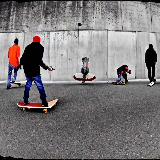 Image similar to skateboarding ducks, asphalt, fish eye lens, hip hop, urban, realistic, picture, full focus