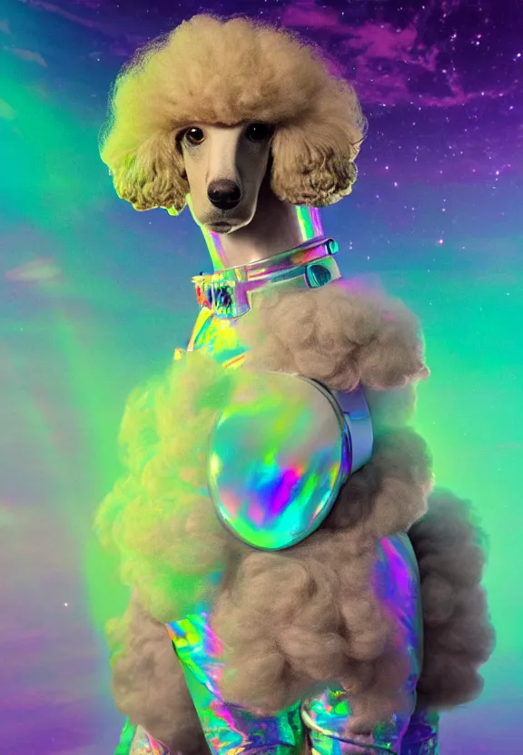 Prompt: a beautiful portrait of a poodle in a holographic iridescent spacesuit, cinematic, volumetric fog, risographic, digital art, 4 k, vintage sci - fi, inspired by moebius, inspired by thim white, inspired by h. r. giger