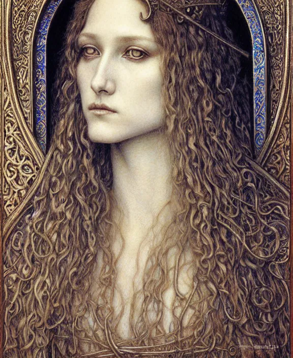 Image similar to detailed realistic beautiful young medieval queen face portrait by jean delville, gustave dore and marco mazzoni, art nouveau, symbolist, visionary, gothic, pre - raphaelite. horizontal symmetry