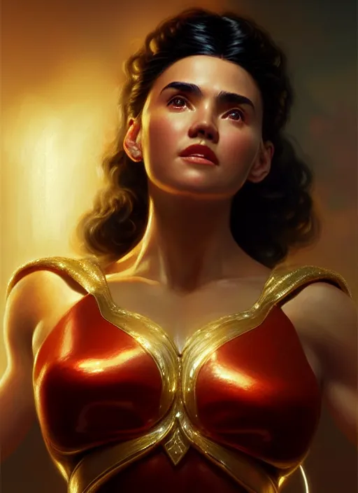 Prompt: portrait of classic darna, young jennifer connelly, intricate, elegant, glowing lights, highly detailed, digital painting, artstation, glamor pose, concept art, smooth, sharp focus, illustration, art by wlop, mars ravelo and greg rutkowski