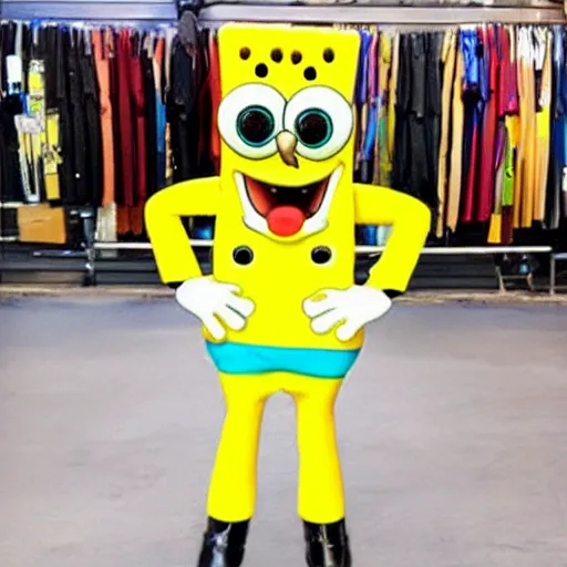 Prompt: spongebob trying on new pants