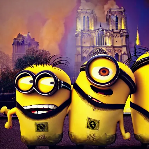 Image similar to “minions laughing as the Notre dame burns behind them, 4k, digital art, award winning”