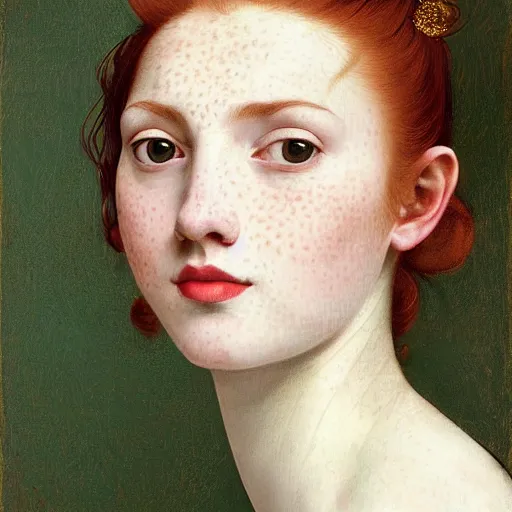 Prompt: a highly detailed portrait, red haired young woman, gorgeous dress with intricate details, long hair, green eyes, hint of freckles, round gentle face, cheeky smile with red lips, deep focus, smooth, sharp, golden ratio, elegant, digital painting by artemisia lomi gentileschi, caravaggio and artgerm