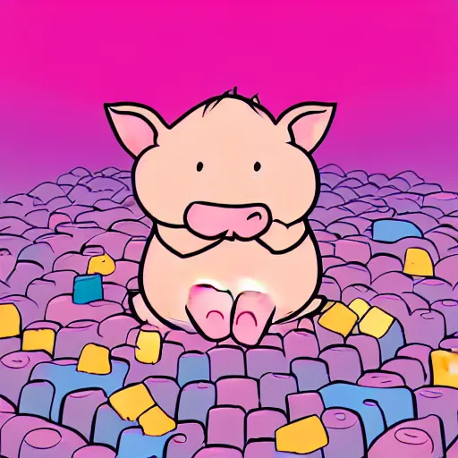 Image similar to comic art of a cute far pig sitting on pile of pink salt, drawn by Alan Moore, vivid color, cgsociety 4K