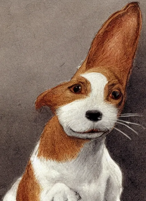 Prompt: closeup candid portrait of a jack russel terrier howling up, illustrated by peggy fortnum and beatrix potter and sir john tenniel