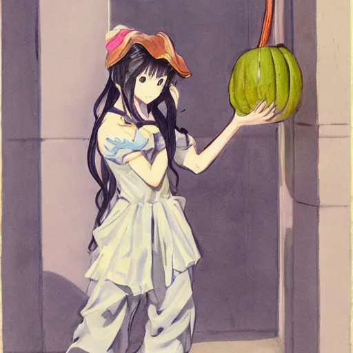 Image similar to anime girl pouring water from a gourd in the style of john singer sargent