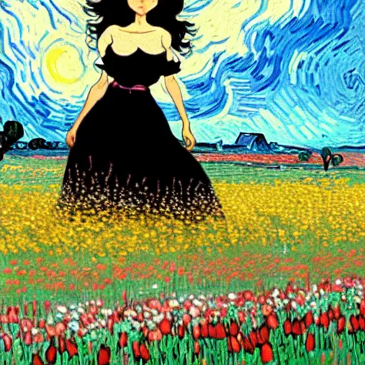 Image similar to beautiful dark skin mexican woman, dancing in a field of tulips and baby's breath, prominent, rosy cheek bones, black hair and brown eyes, van gogh art style, art by hayao miyazaki, makoto shinkai