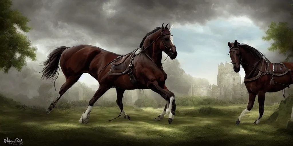 Image similar to plano general de un caballero montado a caballo, colina de fondo con castillo medieval. digital art, art station, realista,