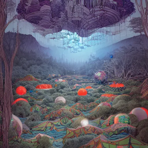 Prompt: inflatable landscape with forest, river and mountains floating swarm of presents dreams and wishes , concept art, huge scale, high detail, sci fi by James Jean