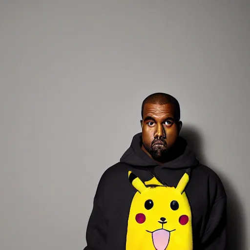 Image similar to Kanye West in a yellow pikachu! hoody, Studio Photograph, portrait C 12.0