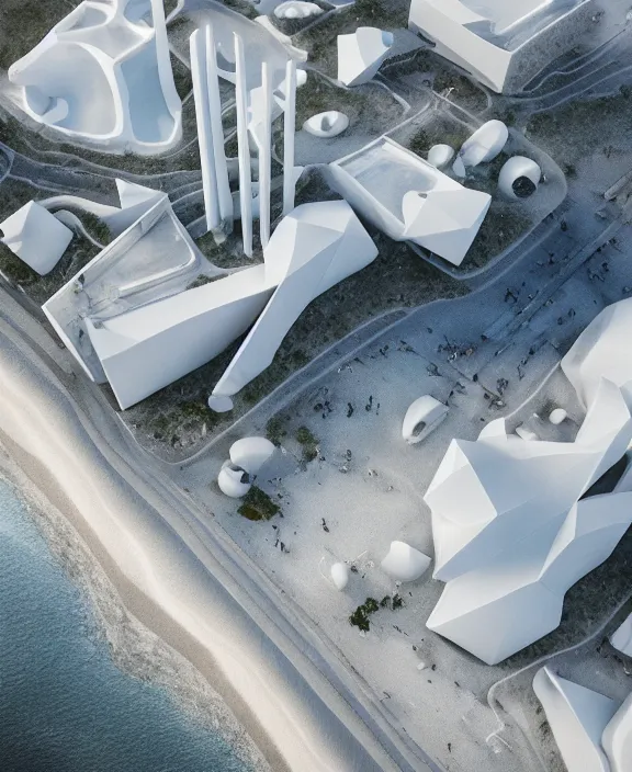 Image similar to surreal mindblown architecture, futuristic white architecture in the beach in iceland, foggy, highly detailed, digital painting, arstation, concept art, hyperealistic octane render, unreal engine,