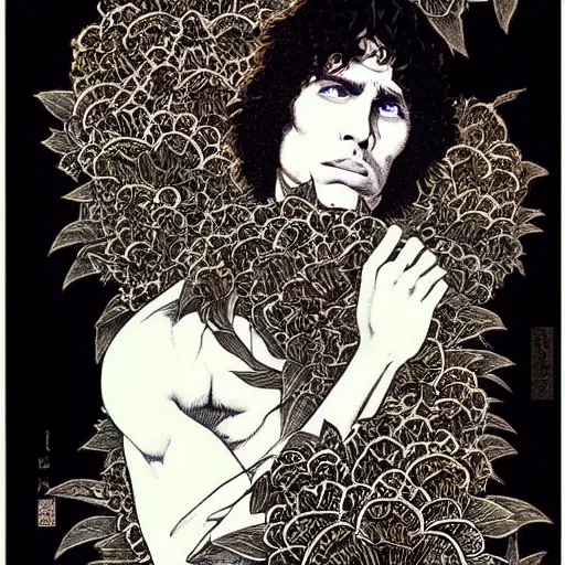 Prompt: symmetrical jim morrison as a lizard king, very detailed style of takato yamamoto lots of flowers