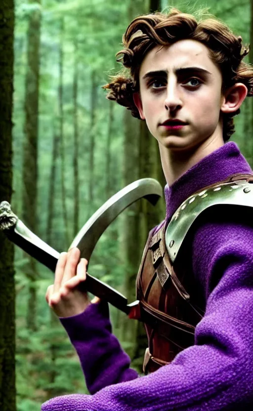 Image similar to Timothee Chalamet starring as Link from Legend of Zelda, movie scene, elf ears, long blonde hair, +++ super super super dynamic posing, thick eyebrows, super serious facial expression, holding a sword & shield, ocarina of time movie, concept photos, dynamic lighting, dynamic shaders, purple light, in the forest