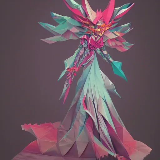 Image similar to 3 / 4 view of a beautiful girl wearing an origami!! dress, ground - level medium shot, elegant, by eiko ishioka, givenchy, philippe druillet, by peter mohrbacher, centered, fresh colors, origami, fashion, detailed illustration, vogue, high depth of field, japanese, reallusion character creator