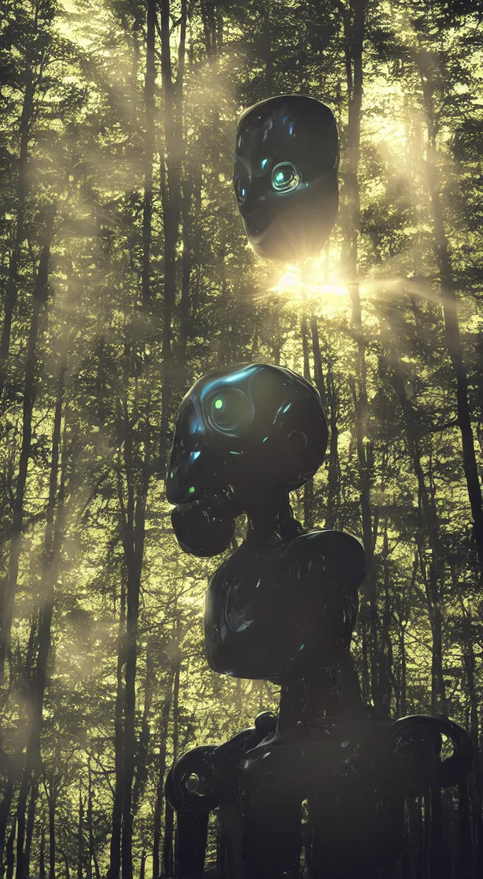 Image similar to a robot portrait in a movie, forest, cinematic shot, sun beams