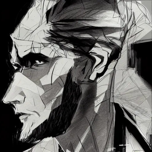 Image similar to concept art character, very high angle view, book cover, very attractive man with beard, walking in cyberpunk valley highly detailed full body, strong masculine features, sturdy body, command presence, royalty, smooth, sharp focus, organic, appealing, book cover, deep shadows, by Dave McKean sketch lineart for character design