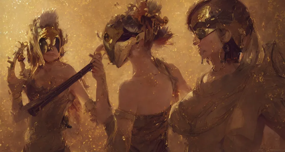 Prompt: craig mullins and ghibli digital art of on the stage, one masked female violinists ， exotic costumes, gold jewelry, black hair, realistic shading, cinematic composition, realistic render, octane render, detailed textures, photorealistic, wide shot