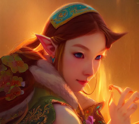 Prompt: beautiful zelda, fire in eye, snow glow, pool party, highly detailed, digital painting, artstation, sharp focus, illustration, art by tan zi and ayanamikodon and alphonse mucha and wlop