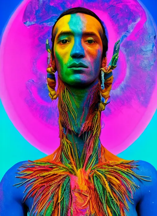 Image similar to full body statue of a psychedelic shaman by Jean-Baptiste Carpeaux and Luo Li Rong and Michael James Talbot, all body, flying in space. perfect symmetrical face, colorful, psychedelic psychedelic psychedelic colors, fresh rainbow bodypainting, synthwave, in full growth, elegant, realistic, 8K, female full-skin figure, hyperrealism, subsurface scattering, raytracing, rim light, Octane Render, Redshift, Zbrush, Zdzisław Beksiński, complex psychedelic glitch background