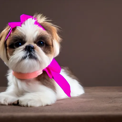 Prompt: shih tzu, brown and white, wearing a pink bow, life photography