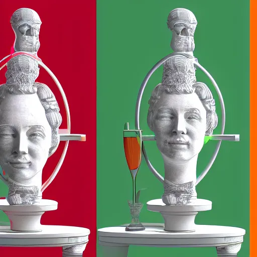 Image similar to a 3 d model of a white marble human head in a renaissance style holding a coctail, colorful coctail, digital illustration, 3 d render, above the waist