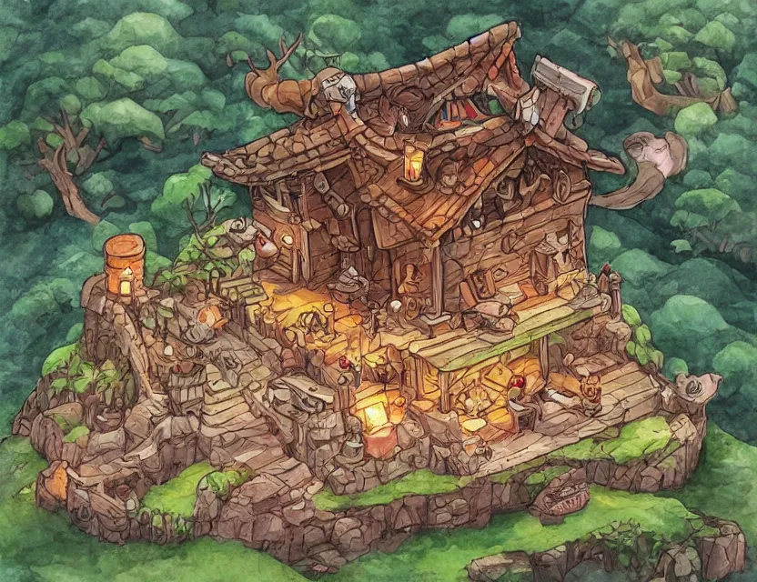 Image similar to cute and funny, a magicians cabin carved into a mountain, centered award winning watercolor pen illustration, isometric illustration by chihiro iwasaki, tiny details by artgerm and watercolor girl, sharply focused