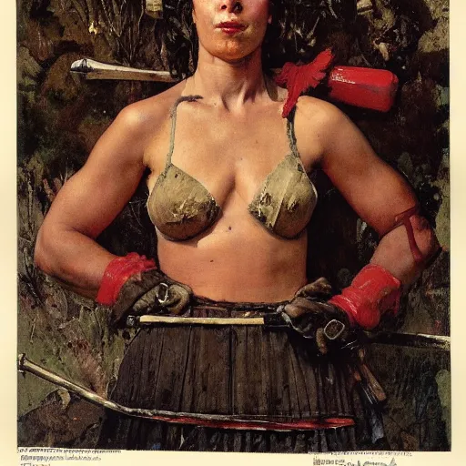 Prompt: frontal portrait of a savage barbarian female, by norman rockwell