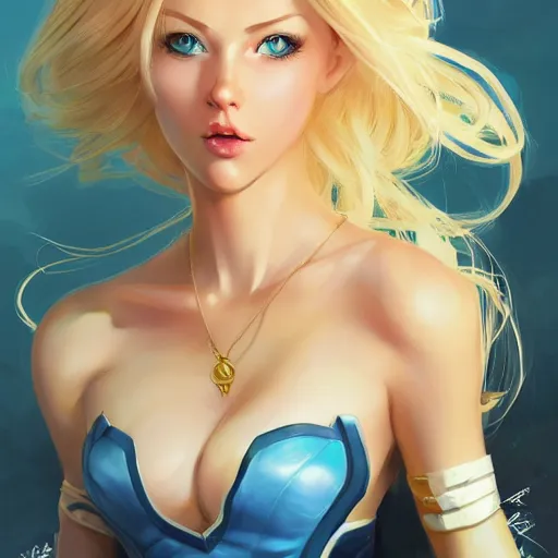 Image similar to portrait of beautiful gamergirl with blond hair and blue eyes, League of Legend illustration by Sam Youn:2, profile picture by Gil Elvgren:2, asymmetrical, Organic Painting, Ambient Occlusion:3, Matte Painting, bold shapes, hard edges, street art, trending on artstation, realistic:2 by Sachin Teng:5