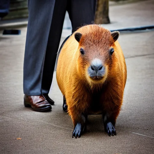 Image similar to a high quality photo of an antropomorphic capybara wearing a suit, 8k, digital art