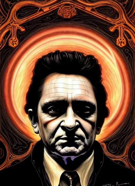 Image similar to portrait of johnny cash glowing eyes, volumetric lights, feast, music notes, art nouveau botanicals, gothic, intricate, highly detailed, digital painting, artstation, concept art, smooth, sharp focus, symmetric face, illustration, steampunk, art by artgerm and greg rutkowski and alphonse mucha