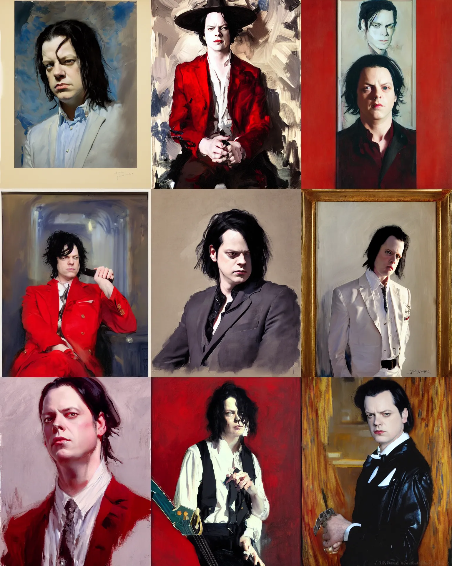 Prompt: jack white of the white stripes, headshot portrait painting by john singer sargent, donato giancola, mead schaeffer, studio ghibli, fashion photography, red clothing