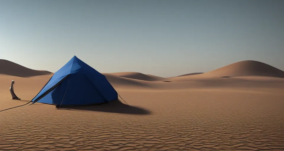 Image similar to hyper realistic matte painting of a small tent in the desert with dunes at midnight, dark blue color scheme, artstation, cgsociety