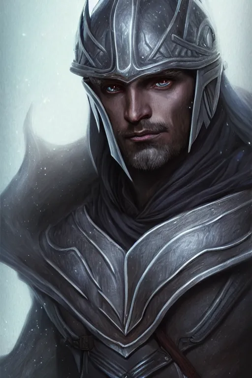Image similar to head and shoulders portrait of an eldrich knight, drow, dark elf, shadar kai, breastplate, magical, male, high fantasy, d & d, by magali villeneuve, face details, extremely detailed, digital illustration
