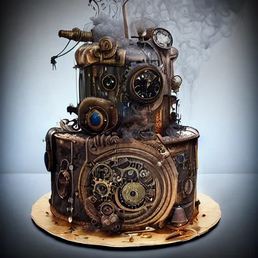 Image similar to a beautiful detailed 3 d matte portrait of a steam punk birthday cake, ominous, magical realism, texture, intricate, whirling smoke radiant colors, fantasy, volumetric lighting, high details