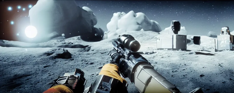 Image similar to gunfight on the moon, photorealistic, cinematic, high - res