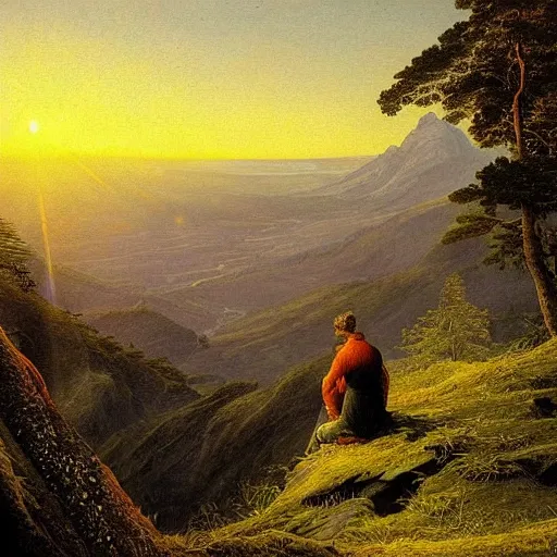 Prompt: a wanderer looking down from the peak of a mountain, distant valley, trees, sunset, sunrays, dramatic light, high detail, masterpiece, painted by caspar david friedrich