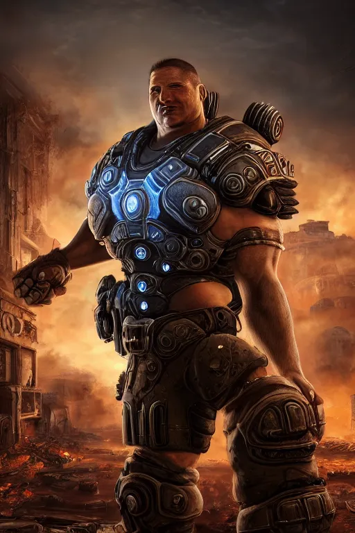 Image similar to Dr. Jordan B. Petterson as a muscular Gears of War character, photorealism, half body, HDR ambient background, unreal engine 5, hyperrealistic, highly detailed, XF IQ4, 150MP, 50mm, F1.4, ISO 200, 1/160s, cinematic lights, Adobe Lightroom, photolab, Affinity Photo, PhotoDirector 365, realistic