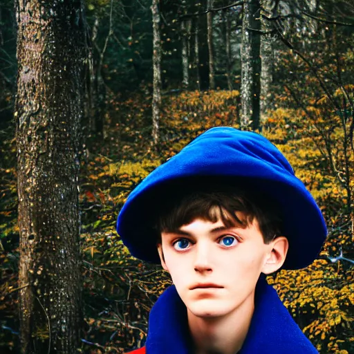 Prompt: super close up portrait of wirt from over the garden wall. a 1 6 years old gloomy awkward boy with big brown eyes and shaggy brown hair wearing a red dunce hat and a blue navy cape, standing in the forest, kodachrome photograph, 1 9 9 5, 4 k, canon, flash photography