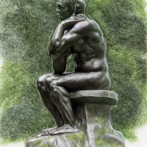 Image similar to The thinker sculpture by auguste rodin mushrooms at the base , placed in a lush forest, sketch, William Bartram